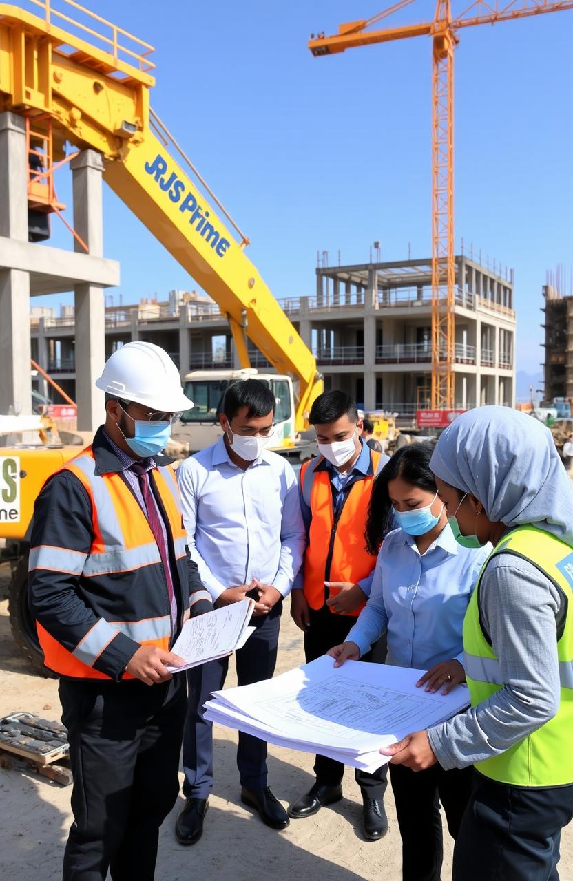 A professional setting where a diverse team of construction workers and project managers at RJS Prime Construction are engaged in discussions about social responsibility during the 'Living with COVID-19' phase