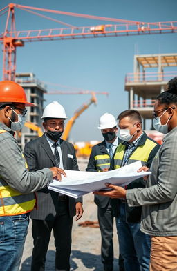 A professional setting where a diverse team of construction workers and project managers at RJS Prime Construction are engaged in discussions about social responsibility during the 'Living with COVID-19' phase