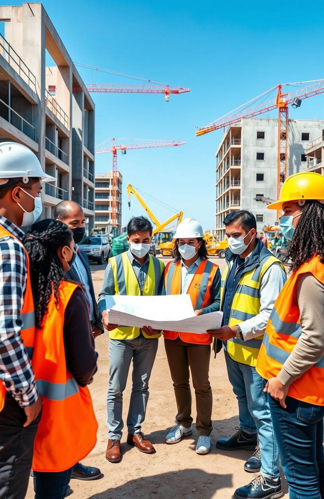 A professional setting where a diverse team of construction workers and project managers at RJS Prime Construction are engaged in discussions about social responsibility during the 'Living with COVID-19' phase