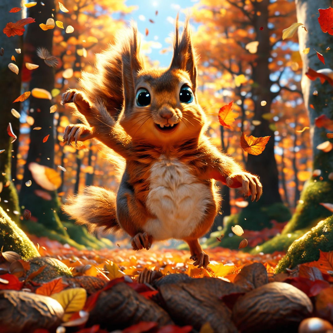 A high-definition Pixar-style animation of a cute squirrel leaping through a vibrant autumn forest towards a pile of acorns.