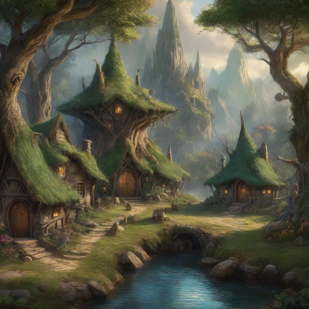 Enchanting, fantasy digital painting portraying an elven village inhabited by woodland creatures and wizards. Embed vivid magical visual effects, all done in the narrative style of J.R.R. Tolkien.