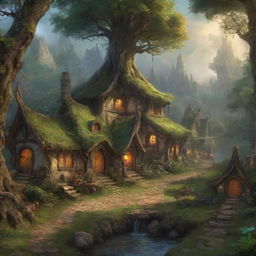 Enchanting, fantasy digital painting portraying an elven village inhabited by woodland creatures and wizards. Embed vivid magical visual effects, all done in the narrative style of J.R.R. Tolkien.