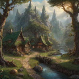 Enchanting, fantasy digital painting portraying an elven village inhabited by woodland creatures and wizards. Embed vivid magical visual effects, all done in the narrative style of J.R.R. Tolkien.