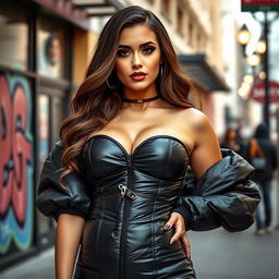 A hot girl in a tight, shiny black puffer corset that accentuates her big breasts and curvy figure