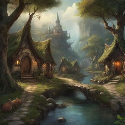 Enchanting, fantasy digital painting portraying an elven village inhabited by woodland creatures and wizards. Embed vivid magical visual effects, all done in the narrative style of J.R.R. Tolkien.