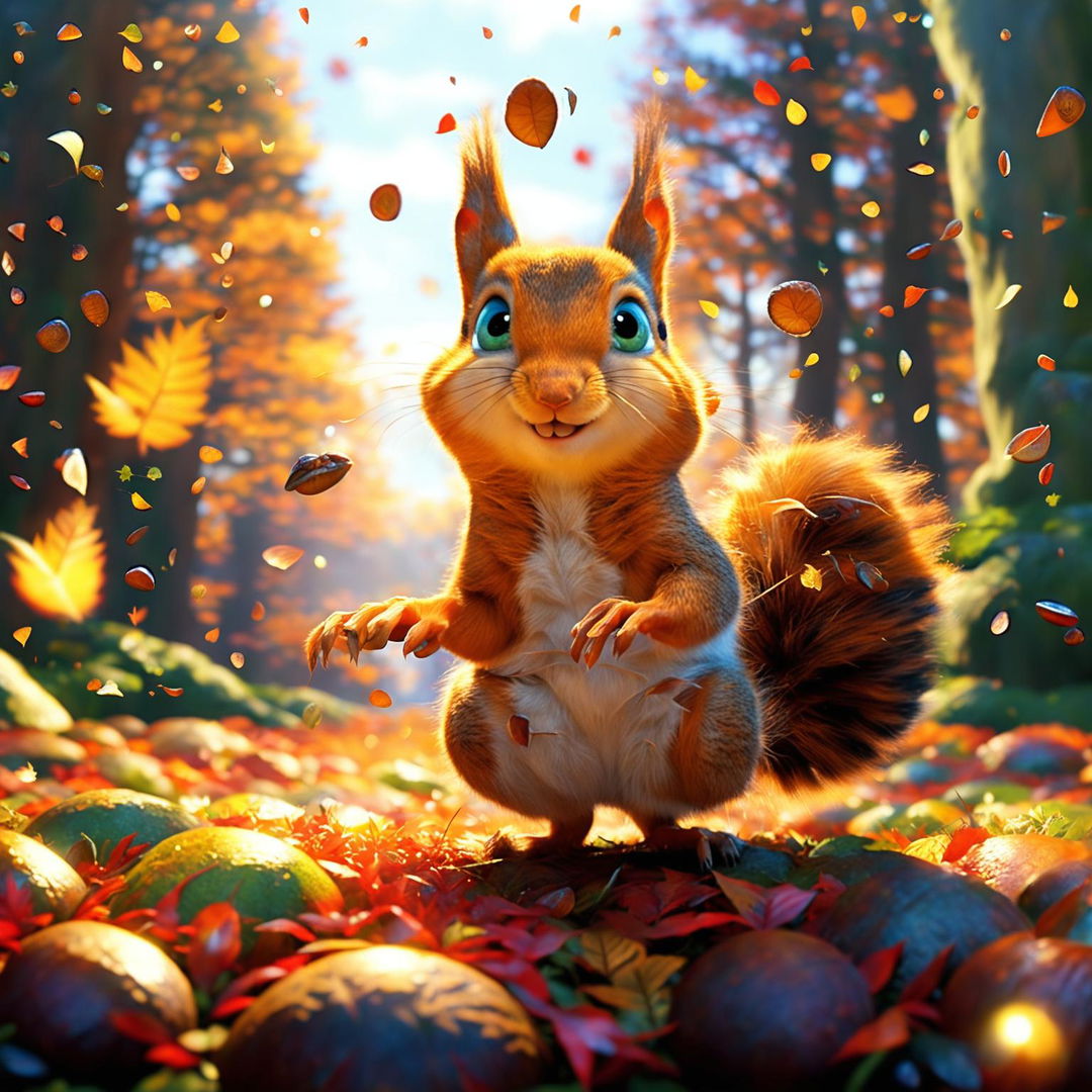 A high-definition Pixar-style animation of a magical squirrel leaping through an enchanted autumn forest towards a glowing pile of acorns.