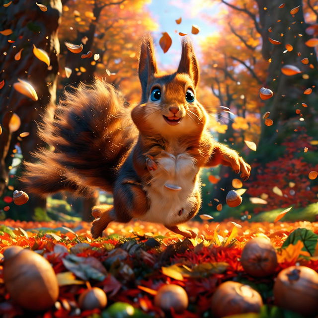 A high-definition Pixar-style animation of a charming squirrel leaping through an autumn forest towards a pile of acorns.