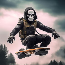 A rifle-armed kidnapper donned in a skeleton face mask and normal bullet-proof vest, effortlessly riding on a hover-board high in the sky.