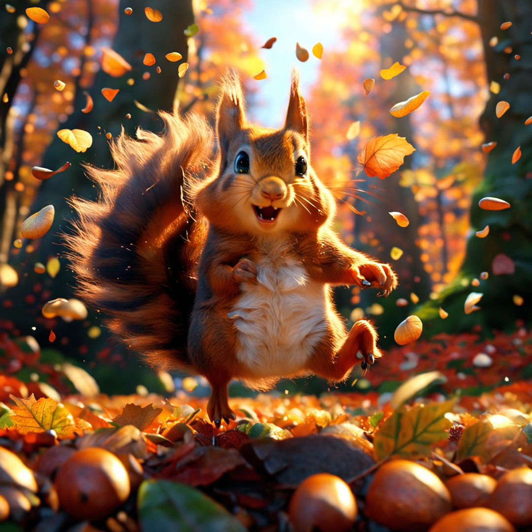 A high-definition Pixar-style animation of an endearing squirrel leaping through an autumn forest towards a pile of acorns.