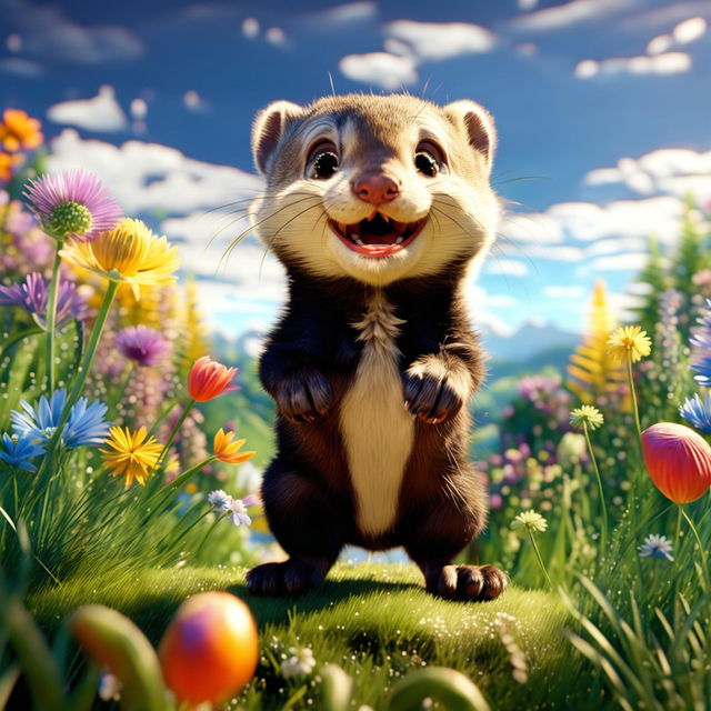 A vibrant Pixar-style animation featuring a cute ferret in a lush meadow under a clear blue sky, radiating happiness and tranquility.