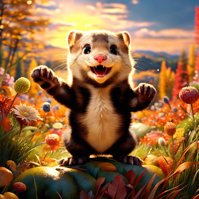 A classic Pixar-style animation featuring a cute ferret in a vibrant autumnal meadow, radiating warmth and tranquility.