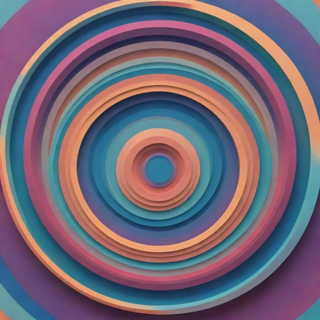 Abstract digital art made of overlapping circles and polygons, arranged in a creative, layered composition. Render the scene in psychedelic colors to create a mathematical and optical illusion effect.