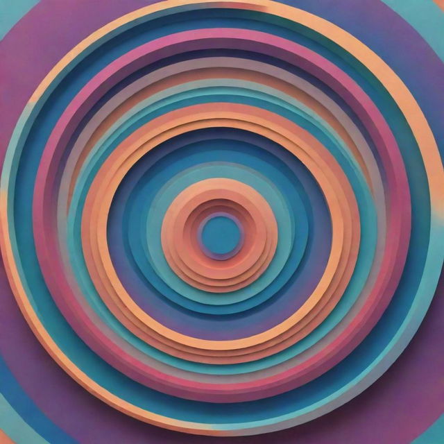 Abstract digital art made of overlapping circles and polygons, arranged in a creative, layered composition. Render the scene in psychedelic colors to create a mathematical and optical illusion effect.