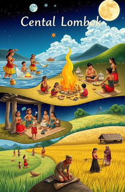 An illustration depicting the Sasak traditions and rituals from Central Lombok, showcasing five key cultural practices: 1