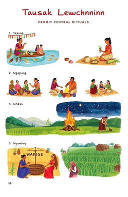 An illustration depicting the Sasak traditions and rituals from Central Lombok, showcasing five key cultural practices: 1