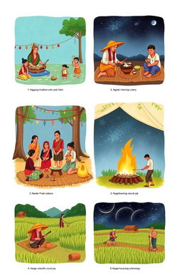 An illustration depicting the Sasak traditions and rituals from Central Lombok, showcasing five key cultural practices: 1