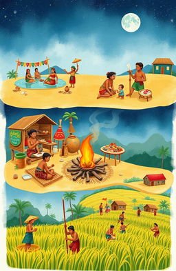An illustration depicting the Sasak traditions and rituals from Central Lombok, showcasing five key cultural practices: 1