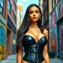 A hot girl in a tight, shiny black puffer corset that perfectly showcases her big breasts and alluring curves