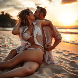 Sensual scene featuring a stunning woman in a bikini bottom and bold red lipstick, as she enticingly removes her transparent shirt, revealing her captivating cleavage and navel