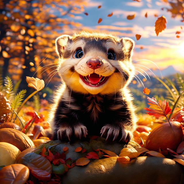 A classic Pixar-style animation featuring a cute ferret with an expressive face in a vibrant autumnal meadow, radiating warmth and tranquility.