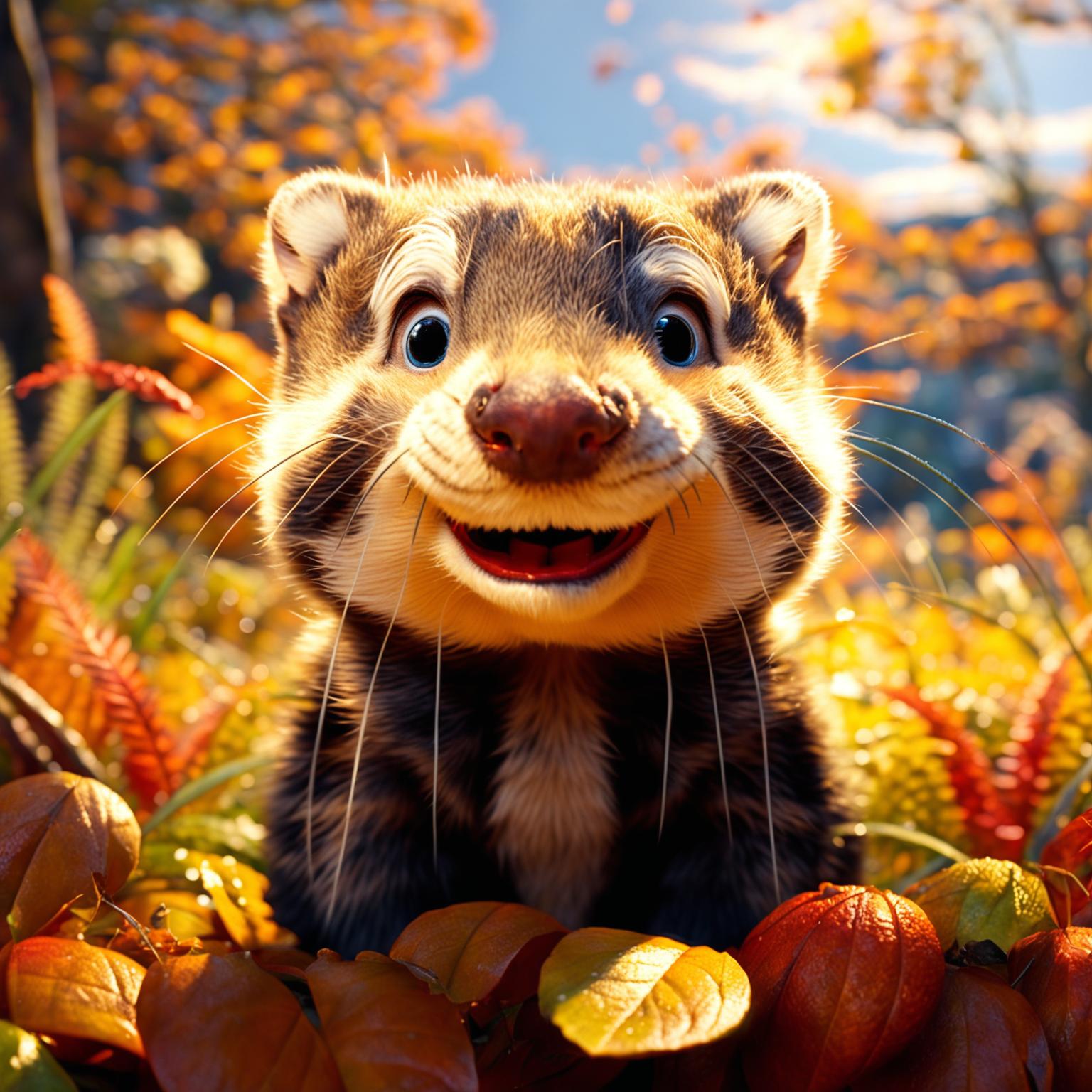 A Pixar-style animation of a cute ferret with an exaggerated, expressive face in an autumnal meadow.