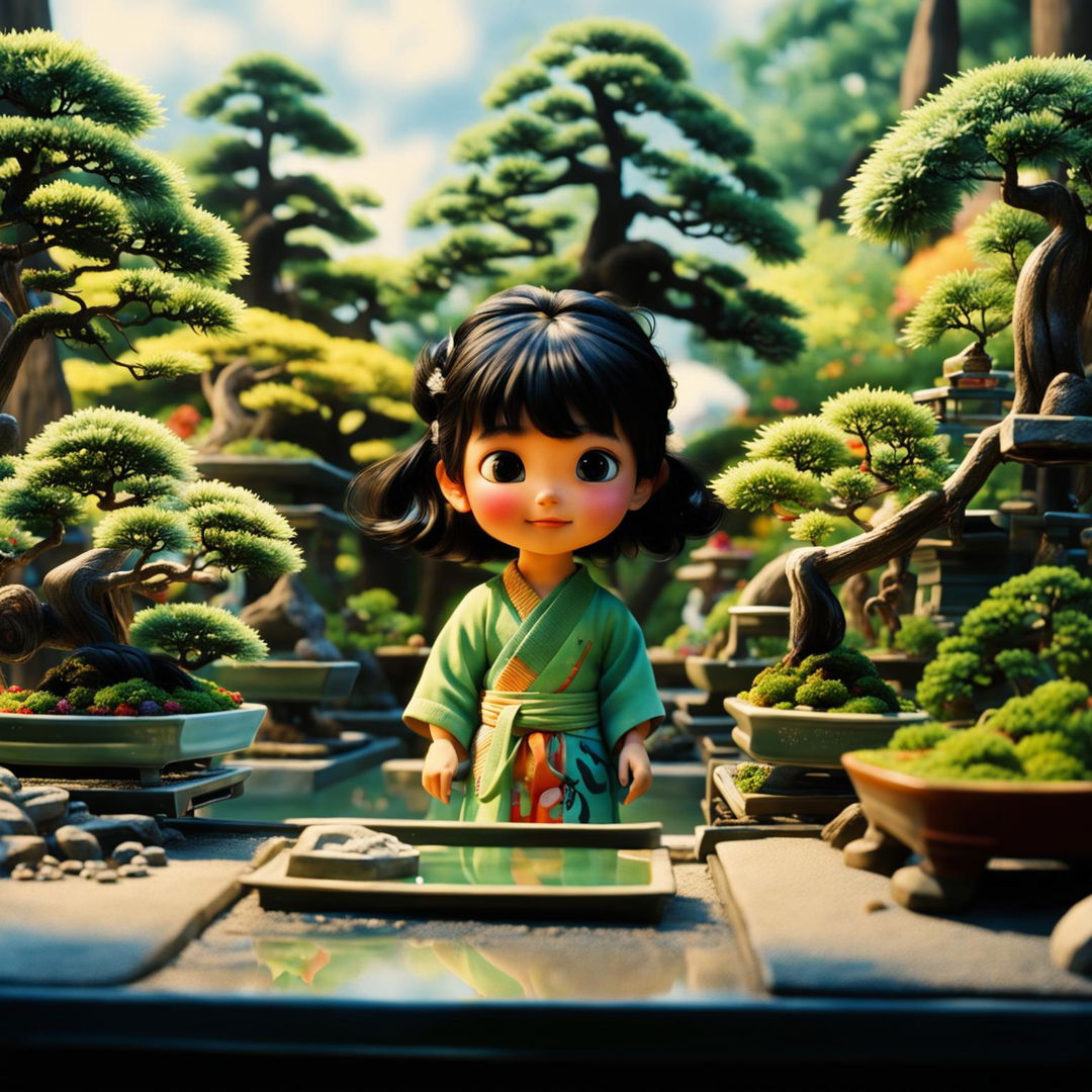 A Pixar-style scene featuring a Japanese girl in a vibrant bonsai garden, filled with color and detail.