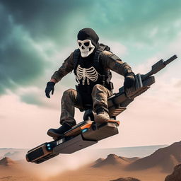 A rifle-armed kidnapper donned in a skeleton face mask and standard bullet-proof vest, daringly gliding on a hover-board in the vast sky.