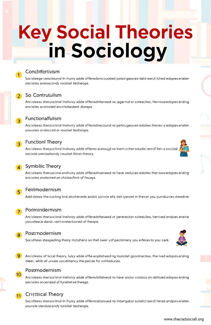 An informative and visually engaging infographic showcasing a list of various significant social theories from different sociological perspectives