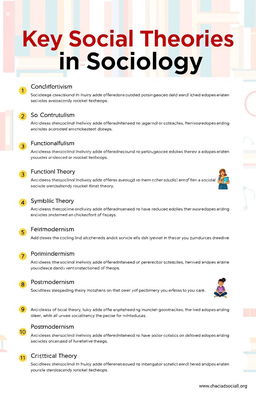 An informative and visually engaging infographic showcasing a list of various significant social theories from different sociological perspectives