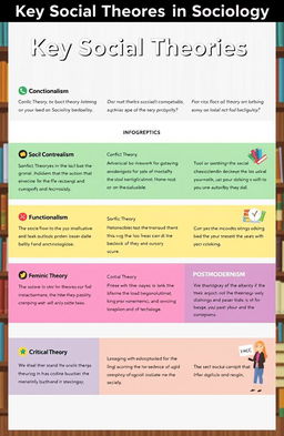 An informative and visually engaging infographic showcasing a list of various significant social theories from different sociological perspectives