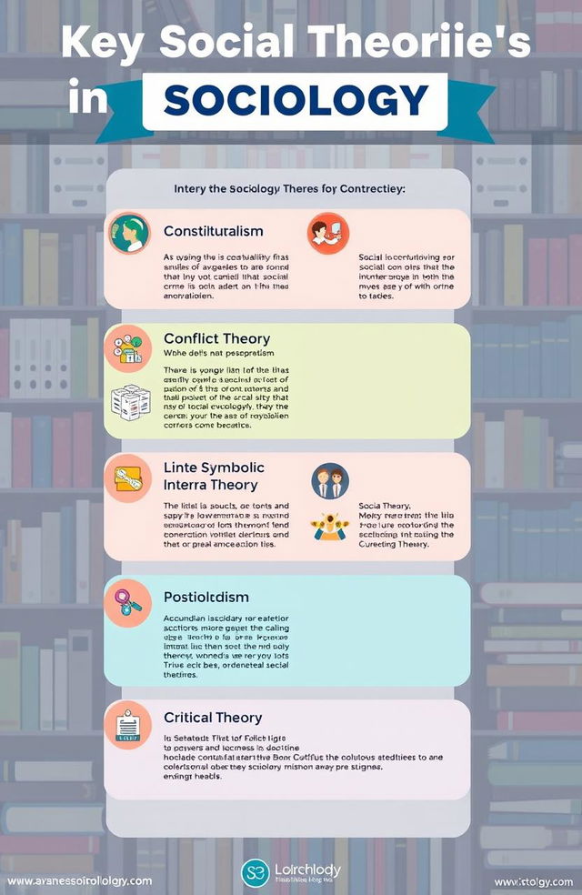 An informative and visually engaging infographic showcasing a list of various significant social theories from different sociological perspectives