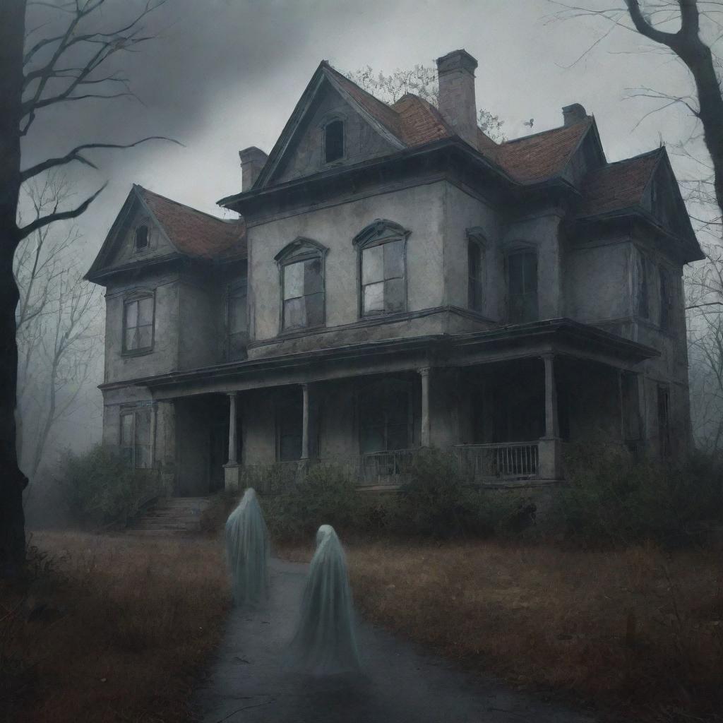 Intensely unsettling horror digital painting showcasing ghostly apparitions lurking in the shadows of an abandoned mansion. Use gritty textures, a muted color palette, and translucent spirits to emphasize the terrifying atmosphere.