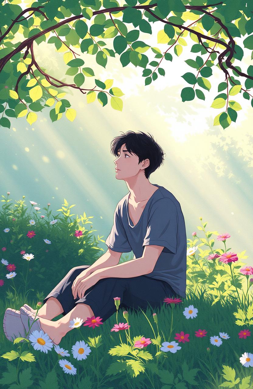 A serene and reflective scene depicting a person sitting in a tranquil setting, lost in thought, with a gentle breeze rustling the leaves around them