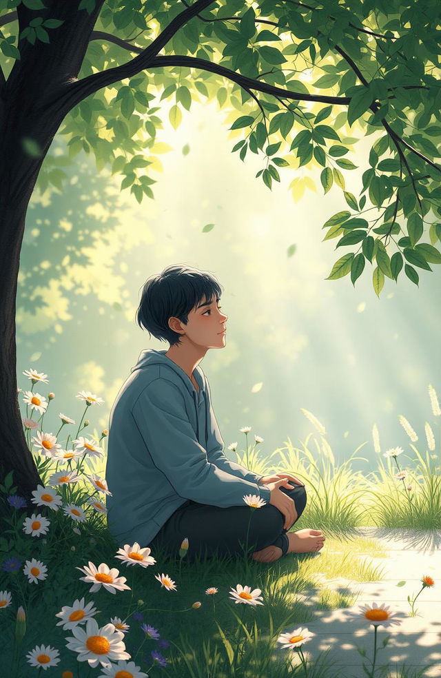 A serene and reflective scene depicting a person sitting in a tranquil setting, lost in thought, with a gentle breeze rustling the leaves around them