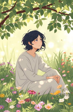 A serene and reflective scene depicting a person sitting in a tranquil setting, lost in thought, with a gentle breeze rustling the leaves around them