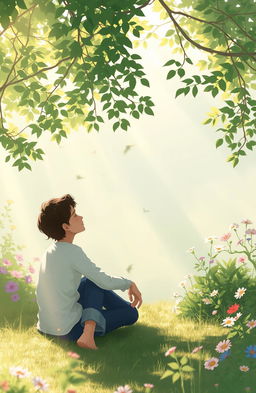 A serene and reflective scene depicting a person sitting in a tranquil setting, lost in thought, with a gentle breeze rustling the leaves around them