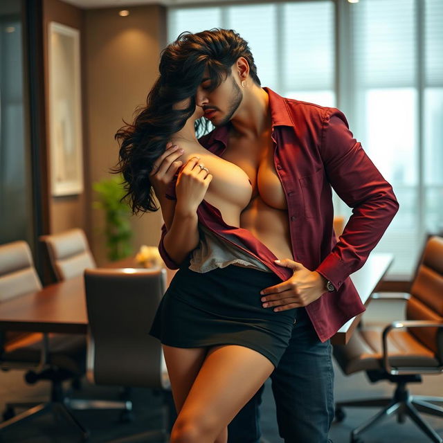 A seductive woman resembling Nushrath Bharucha, wearing a short skirt and bold red lipstick, is in a stylishly modern meeting room