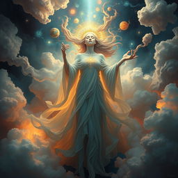 A surreal and artistic representation of the inner voice or subconscious mind as a mystical figure, surrounded by abstract shapes and vibrant colors