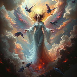 A surreal and artistic representation of the inner voice or subconscious mind as a mystical figure, surrounded by abstract shapes and vibrant colors