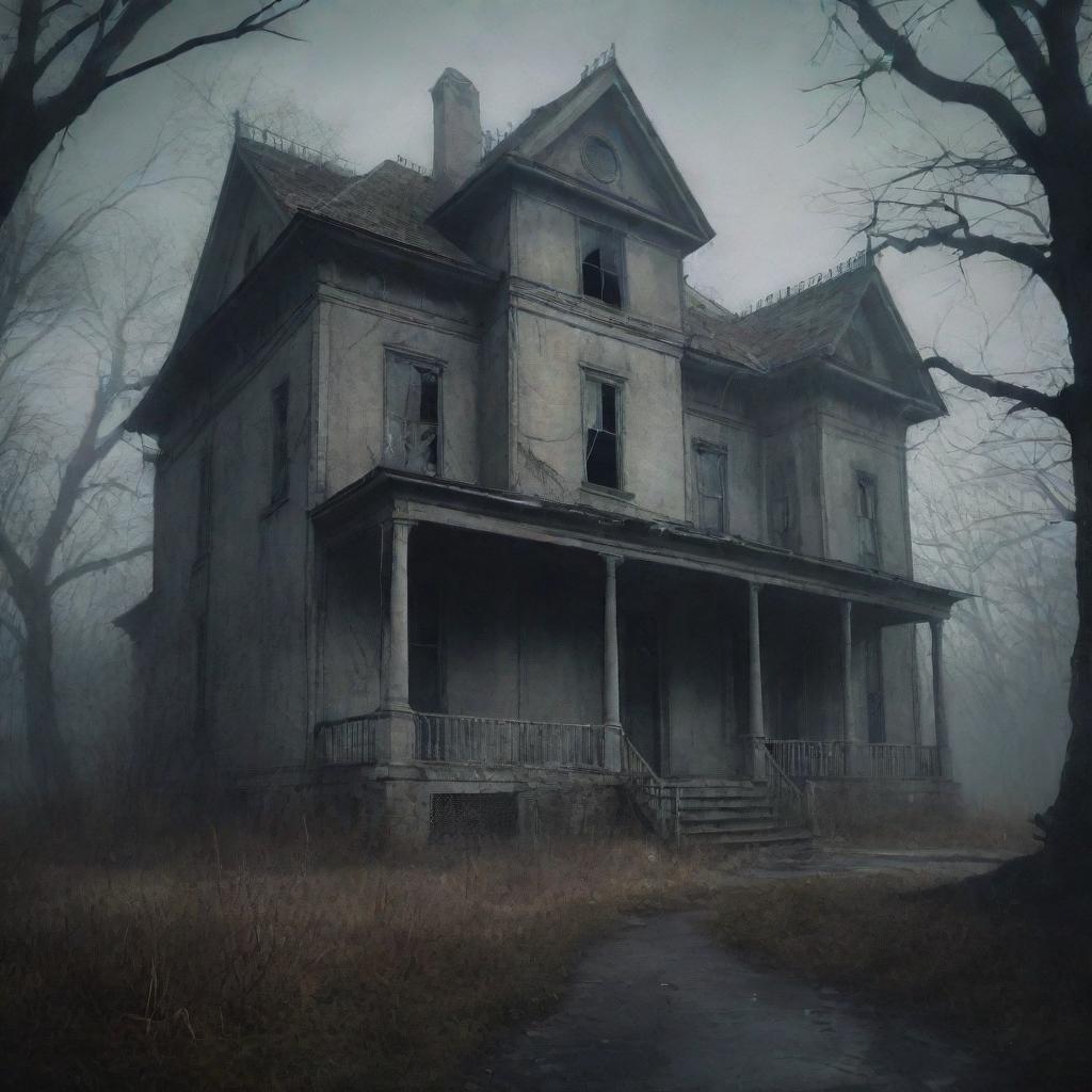 Intensely unsettling horror digital painting showcasing ghostly apparitions lurking in the shadows of an abandoned mansion. Use gritty textures, a muted color palette, and translucent spirits to emphasize the terrifying atmosphere.