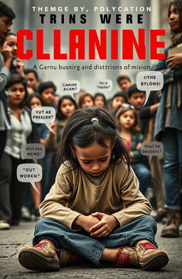 An emotionally gripping book cover depicting a young girl sitting on the ground, surrounded by a diverse group of people who are casting judgmental looks and expressing various forms of pressure and discrimination