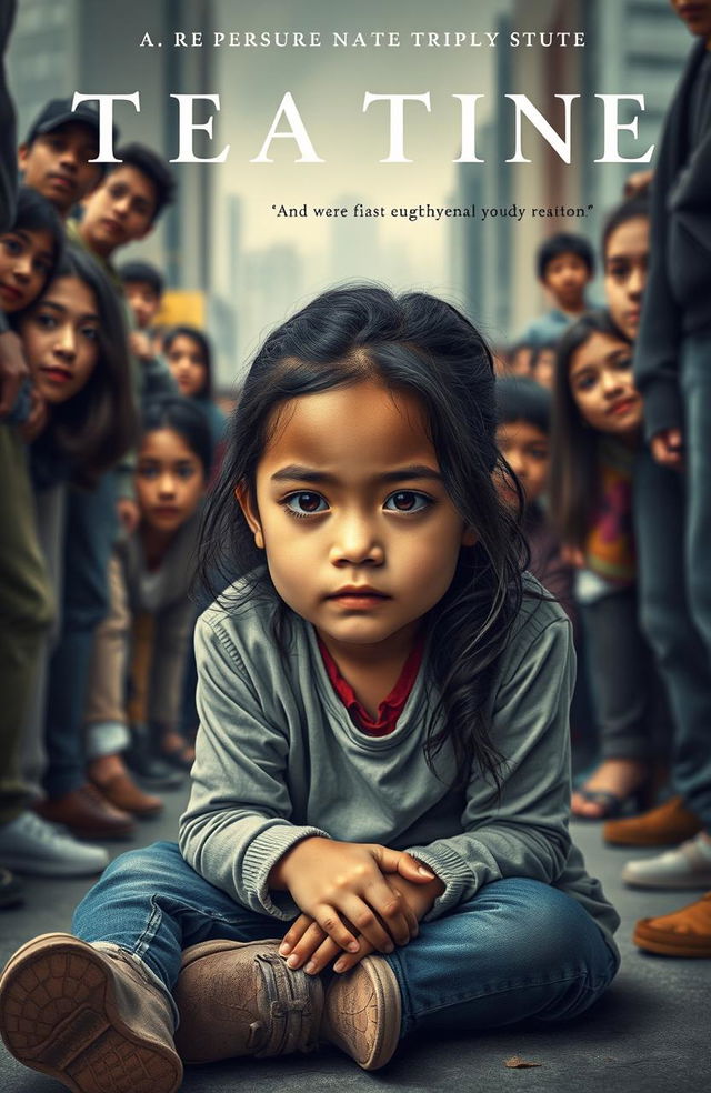 An emotionally gripping book cover depicting a young girl sitting on the ground, surrounded by a diverse group of people who are casting judgmental looks and expressing various forms of pressure and discrimination