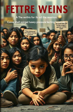 An emotionally gripping book cover depicting a young girl sitting on the ground, surrounded by a diverse group of people who are casting judgmental looks and expressing various forms of pressure and discrimination