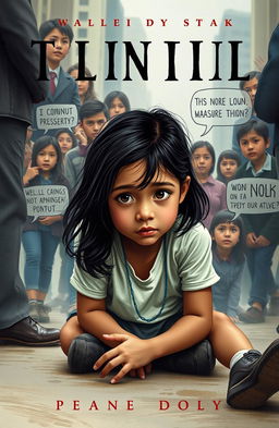 An emotionally gripping book cover depicting a young girl sitting on the ground, surrounded by a diverse group of people who are casting judgmental looks and expressing various forms of pressure and discrimination