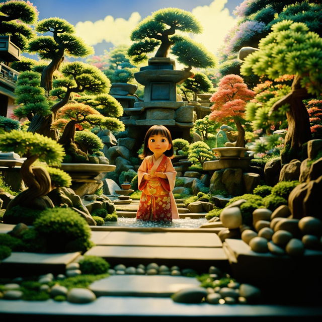 A classic Pixar-style scene of a Japanese girl in a vibrant, high-definition bonsai garden.