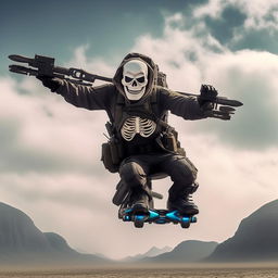 A rifle-armed kidnapper donned in a skeleton face mask and standard bullet-proof vest, daringly gliding on a hover-board in the vast sky.