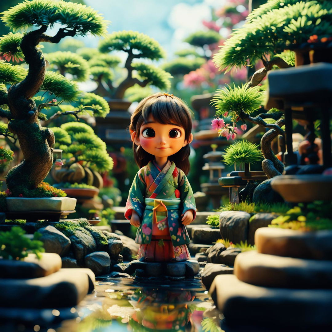 A close-up, high-definition Pixar-style scene of a Japanese girl in a vibrant bonsai garden.