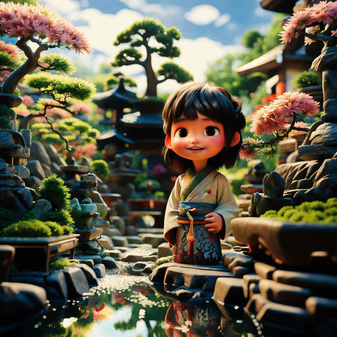 A close-up, high-definition Pixar-style scene of a Japanese girl in a vibrant bonsai garden.