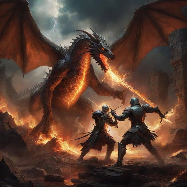 A dramatic painterly-styled scene of a knight battling a dragon in fiery ruins, illuminated by dynamic lightning bolts that highlight the intense action.