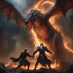 A dramatic painterly-styled scene of a knight battling a dragon in fiery ruins, illuminated by dynamic lightning bolts that highlight the intense action.